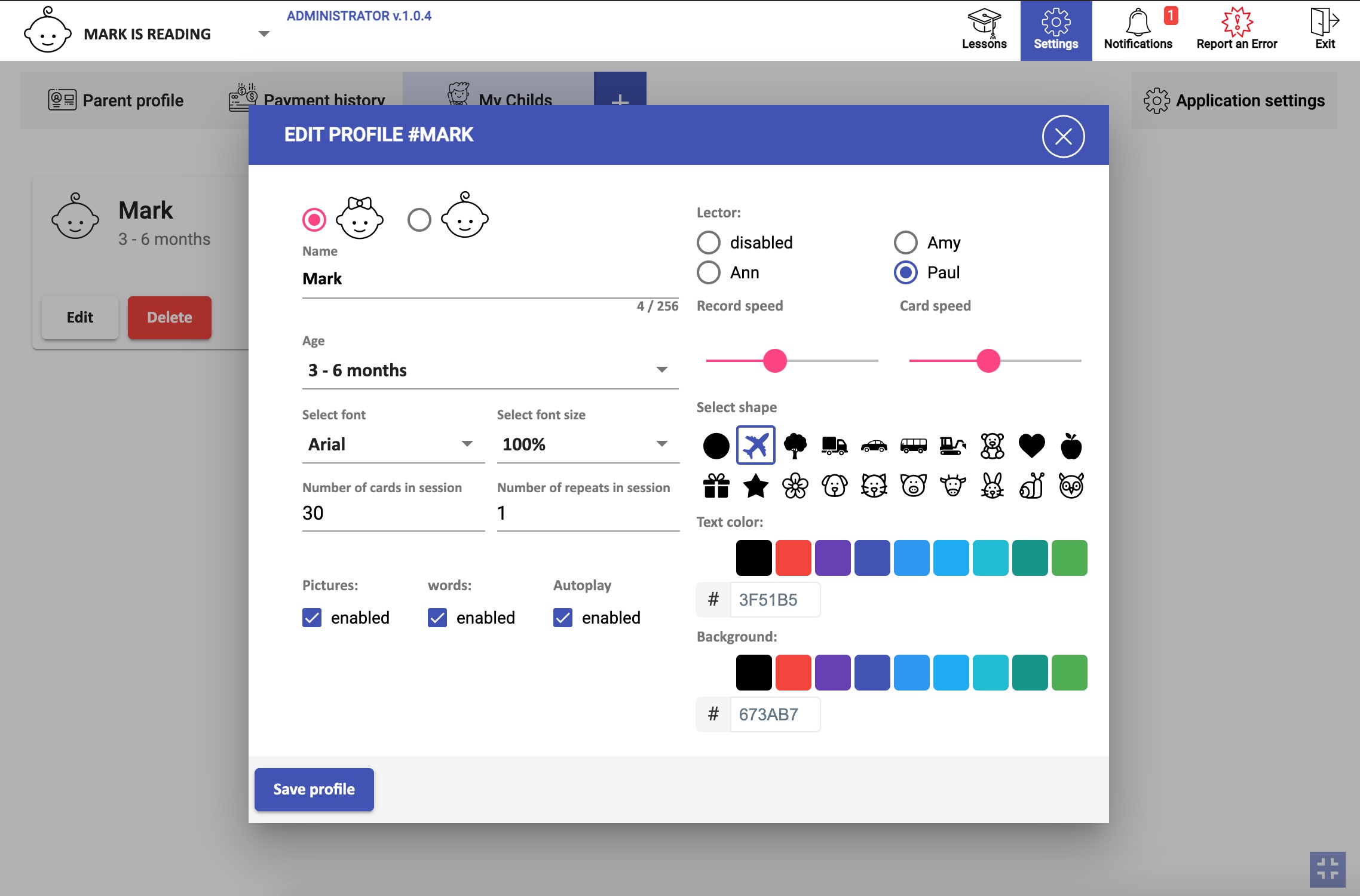 baby profile settings in program, global reading